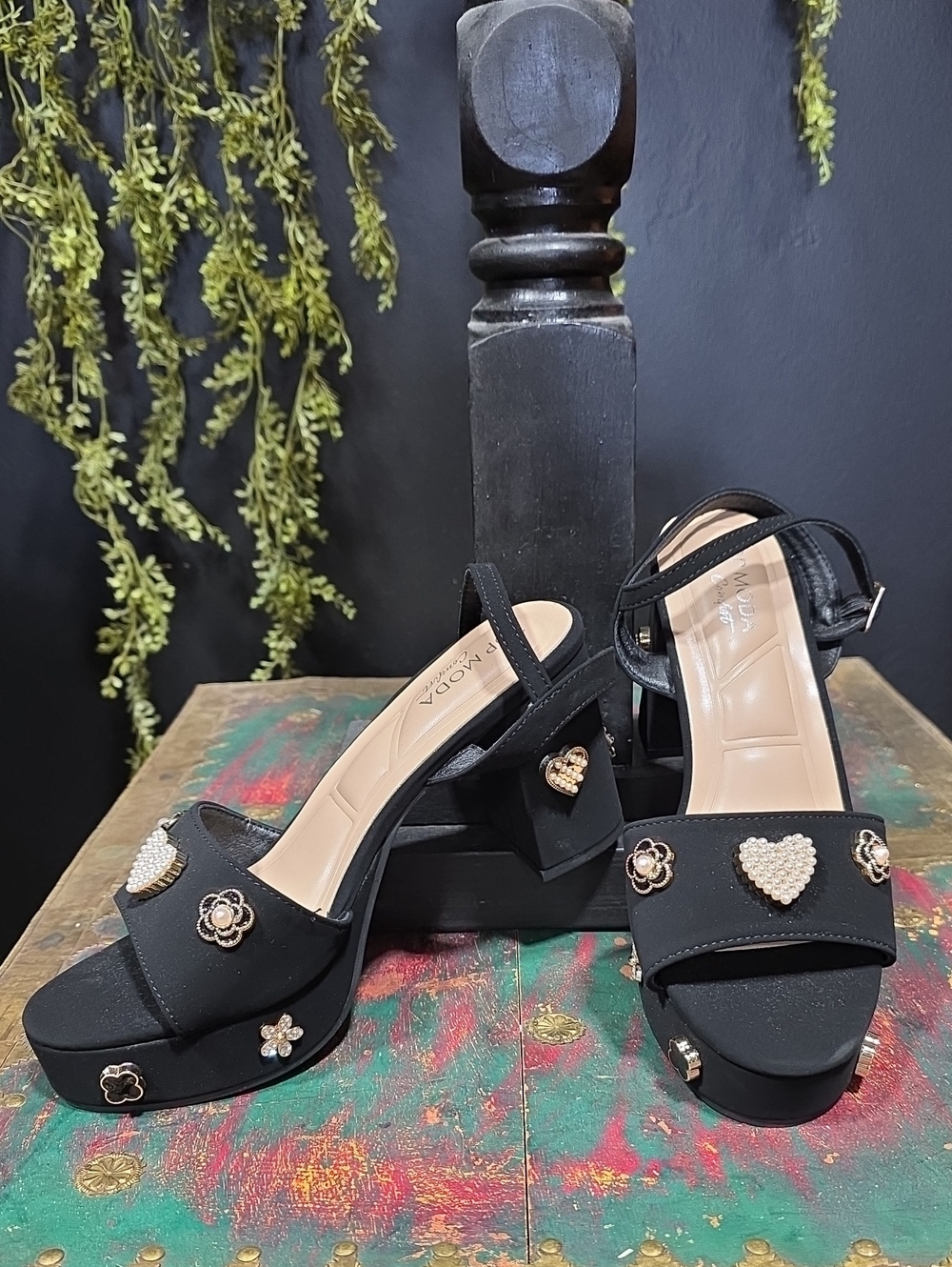 TOP Moda Black Platform Sandals with Gold & Pearl Heart Accents